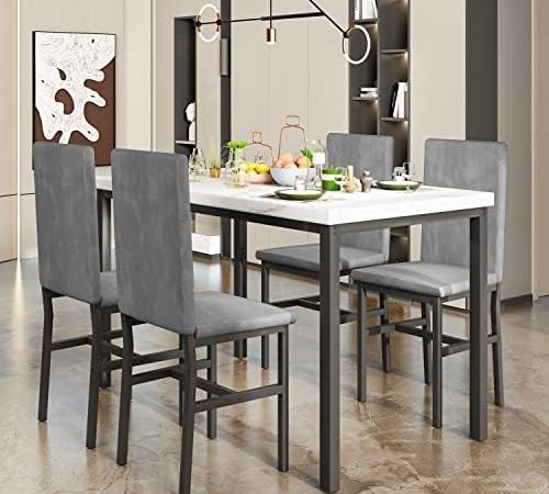 Amazon.com - MIERE Dining Table Set for 4, 5-Piece Marble DiningTableSet with 4 Velvet Metal Frame C