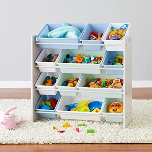 Amazon Basics Kids Toy Storage Organizer with 12 Plastic Bins - Grey Wood with Blue Bins
